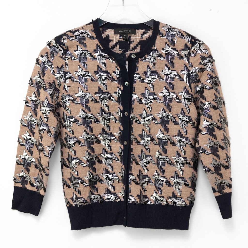 Ann Taylor Sequin Houndstooth Ann Cardigan + Tank Sweater Set Tan Navy Small New